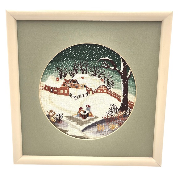 Vintage Framed Needlepoint Winter Scene Artwork Embroidered Picture Art glittery - Picture 1 of 16